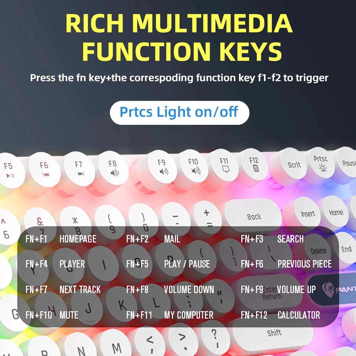 Typewriter Gaming , Retro Punk round Keycaps LED Backlit USB Wired Computer Keyboard for Game and Office, for Windows Laptop PC, Red Switches (White)