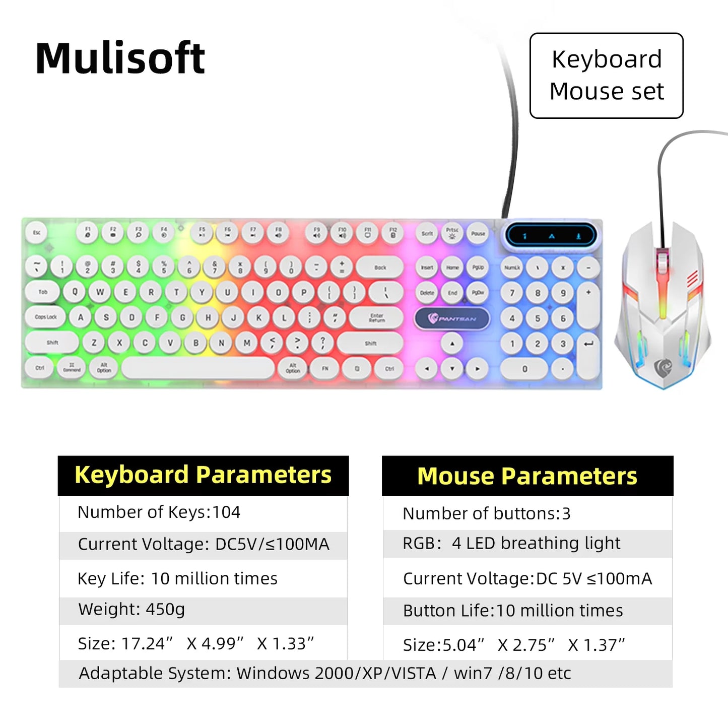 Typewriter Gaming , Retro Punk round Keycaps LED Backlit USB Wired Computer Keyboard for Game and Office, for Windows Laptop PC, Red Switches (White)