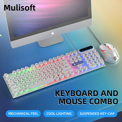 Typewriter Gaming , Retro Punk round Keycaps LED Backlit USB Wired Computer Keyboard for Game and Office, for Windows Laptop PC, Red Switches (White)